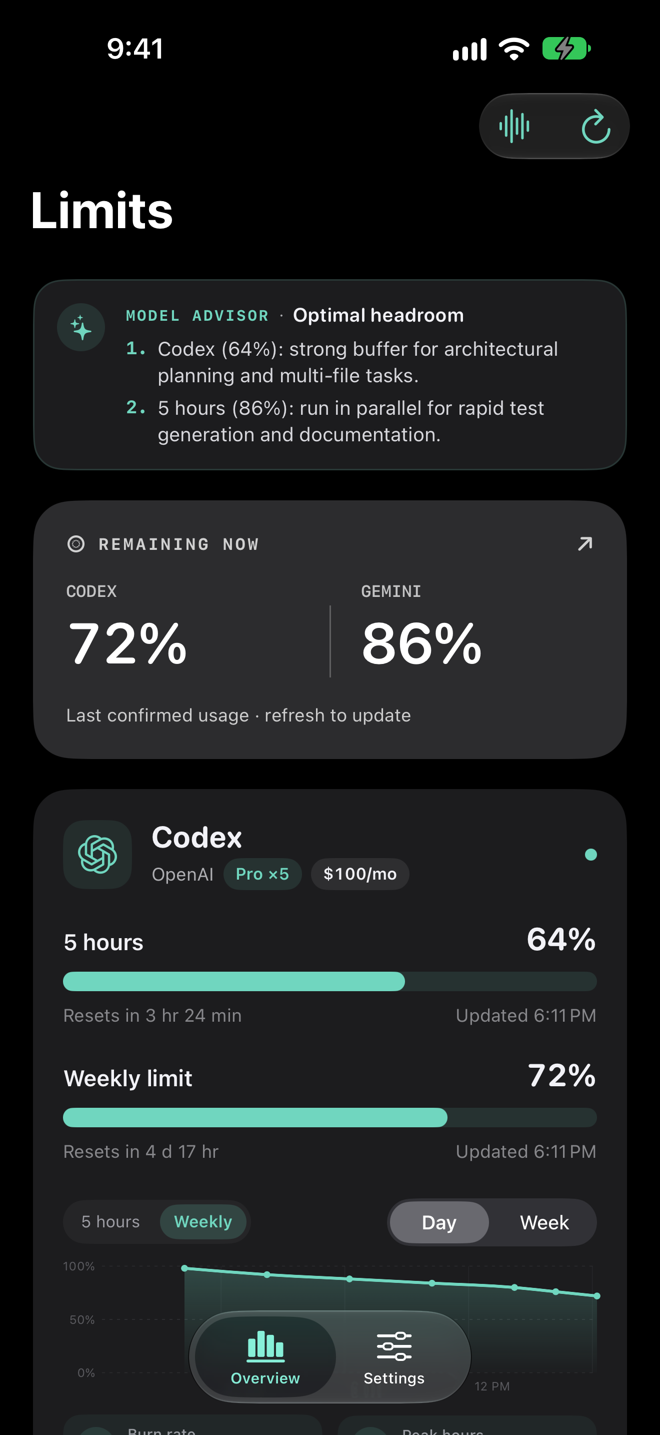 Tokens app dashboard with Codex and Gemini quotas